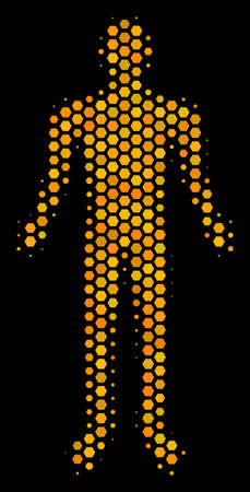 Halftone hexagon Human icon. Bright golden pictogram with honey comb geometric structure on a black background. Vector mosaic of human icon done of honeycomb spots.のイラスト素材