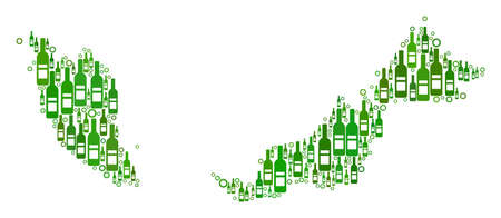 Malaysia Map collage of wine bottles and round bubbles in variable sizes and green color tints. Abstract Malaysia Map vector composition.のイラスト素材