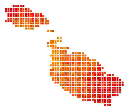 Pixel fire Malta Island Map. Vector geographic map in bright orange color tints on a white background. Vector collage of Malta Island Map created of square items.のイラスト素材