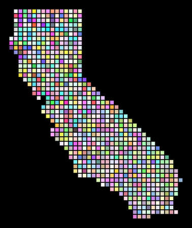 Dotted California Map. Vector geographic map in randomized colors on a black background. Vector collage of California Map formed of regular square elements.のイラスト素材