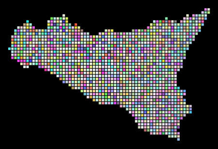 Dotted Sicilia Map. Vector geographic map in randomized colors on a black background. Vector composition of Sicilia Map combined of regular square pixels.のイラスト素材