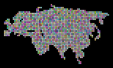Dotted Eurasia Map. Vector geographic map in variable colors on a black background. Vector collage of Eurasia Map composed of regular square particles.のイラスト素材