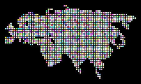 Pixel Europe And Asia Map. Vector geographic map in randomized colors on a black background. Vector collage of Europe And Asia Map organized of regular small rectangles.のイラスト素材