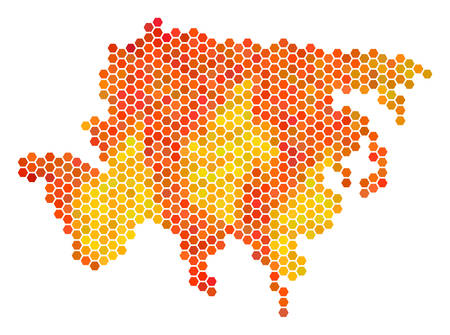 Asia map. Vector hex tile territory map using hot color shades. Abstract Asia map concept is done of fire honeycomb elements.