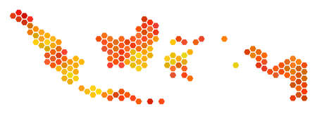 Indonesia map. Vector hex-tile territory map in orange color tints. Abstract Indonesia map mosaic is organized of hot hex tile blots.のイラスト素材