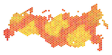 Russia map. Vector honeycomb territory scheme using fire color tints. Abstract Russia map composition is constructed of fired honeycomb blots.のイラスト素材
