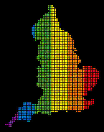 Digital LGBT England map for lesbians, gays, bisexuals, and transgenders. Vector territory plan in LGBT pride color tints on a black background. Rainbow gradient has horizontal direction.のイラスト素材