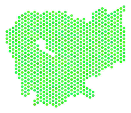 Fresh green Cambodia map. Vector hexagon territorial scheme drawn with green color tints. Abstract Cambodia map composition is designed with hexagonal blots.のイラスト素材