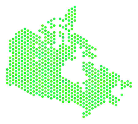Eco green Canada map. Vector hex-tile geographic scheme in eco green color tinges. Abstract Canada map collage is composed with hex-tile spots.のイラスト素材