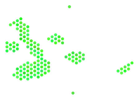 Green Galapagos Islands map. Vector hex-tile geographic map drawn with fresh green color variations. Abstract Galapagos Islands map collage is constructed of honeycomb blots.のイラスト素材