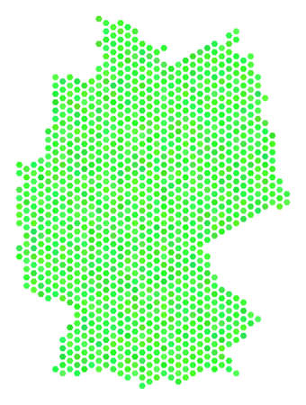 Green Germany map. Vector hex-tile territory plan using fresh green color variations. Abstract Germany map collage is constructed with honeycomb spots.のイラスト素材