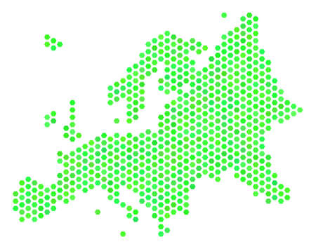 Green Europe map. Vector hex-tile territory scheme in green color hues. Abstract Europe map collage is designed with hex tile spots.のイラスト素材