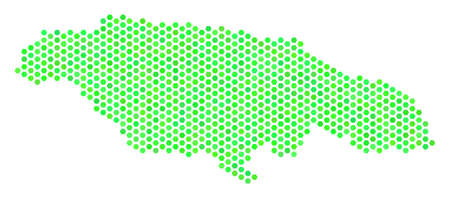 Fresh green Jamaica map. Vector honeycomb geographic scheme drawn with eco green color variations. Abstract Jamaica map composition is designed with hex-tile items.のイラスト素材