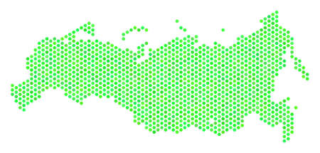 Green Russia map. Vector honeycomb territory map in eco green color tints. Abstract Russia map composition is composed with hexagon spots.のイラスト素材