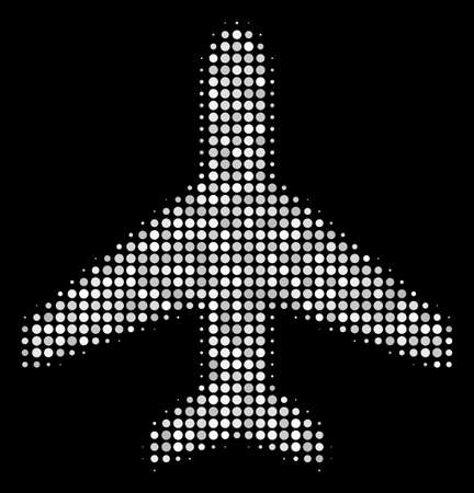 Air plane halftone vector icon. Illustration style is pixel iconic air plane symbol on a black background. Halftone matrix is created from round cells.のイラスト素材