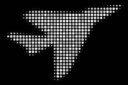Airplane intercepter halftone vector icon. Illustration style is dot iconic airplane intercepter symbol on a black background. Halftone texture is made with spheric dots.のイラスト素材