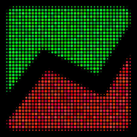 Analytics chart halftone vector icon. Illustration style is pixel iconic analytics chart symbol on a black background. Halftone matrix is made with sphere cells.のイラスト素材