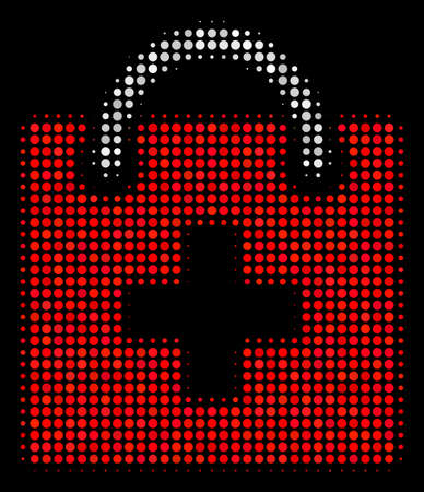 First aid kit halftone vector icon. Illustration style is dot iconic first aid kit symbol on a black background. Halftone pattern is constructed from spheric blots.のイラスト素材