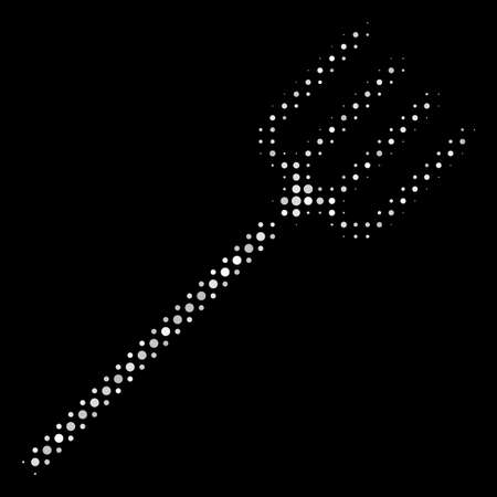 Pitchfork halftone vector icon. Illustration style is dot iconic pitchfork symbol on a black background. Halftone matrix is build with circle pixels.のイラスト素材