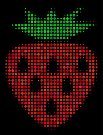 Strawberry halftone vector icon. Illustration style is pixel iconic strawberry symbol on a black background. Halftone structure is made from round items.のイラスト素材