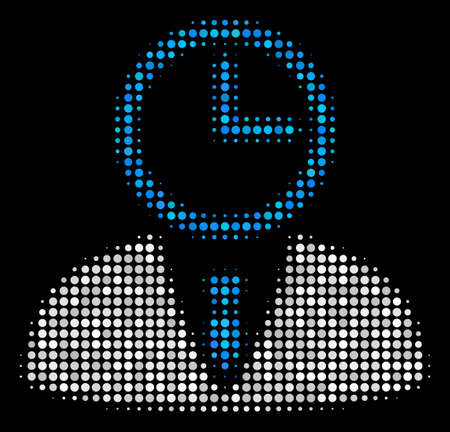 Time manager halftone vector icon. Illustration style is dotted iconic time manager symbol on a black background. Halftone structure is created of spheric cells.のイラスト素材