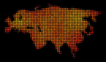 Pixel fire Eurasia map. Vector territorial scheme in bright orange color shades on a black background. Halftone pattern of Eurasia map created from sphere small elements.のイラスト素材
