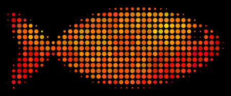 Dot fish icon. Bright pictogram in hot color variations on a black background. Vector halftone collage of fish icon constructed from spheric dots.のイラスト素材