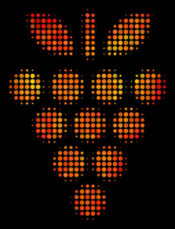 Pixelated grapes icon. Bright pictogram in orange color tints on a black background. Vector halftone concept of grapes icon constructed with round pixels.のイラスト素材