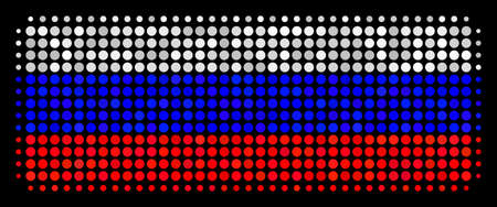 Halftone Building Brick pictogram colored in Russian state flag colors on a dark background. Vector composition of building brick icon designed with spheric pixels.のイラスト素材