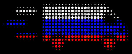 Halftone Fast Delivery Car pictogram colored in Russia official flag colors on a dark background. Vector concept of fast delivery car icon combined from spheric blots.のイラスト素材