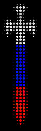 Halftone Medieval Sword pictogram colored in Russia official flag colors on a dark background. Vector composition of medieval sword icon formed with spheric elements.のイラスト素材