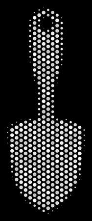 Pixelated white scoop shovel icon on a black background. Vector halftone collage of scoop shovel symbol created with spheric points.のイラスト素材
