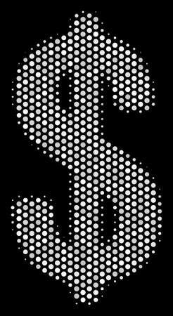 Dotted white dollar icon on a black background. Vector halftone pattern of dollar pictogram designed of spheric pixels.のイラスト素材