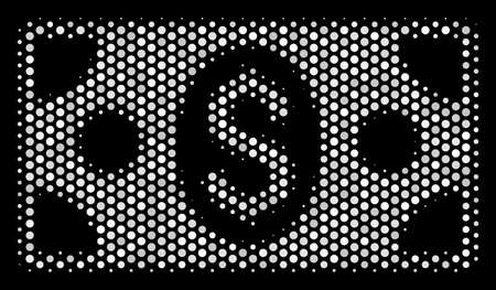 Dotted white banknote icon on a black background. Vector halftone mosaic of banknote icon constructed from circle dots.のイラスト素材