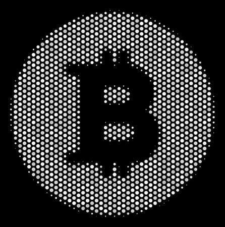 Pixelated white Bitcoin coin icon on a black background. Vector halftone concept of Bitcoin coin icon combined with spheric elements.のイラスト素材