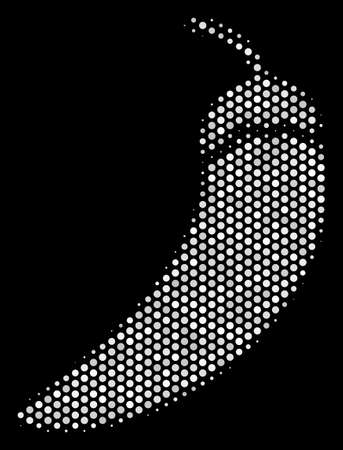 Dot white chili pepper icon on a black background. Vector halftone concept of chili pepper pictogram made with spheric pixels.のイラスト素材