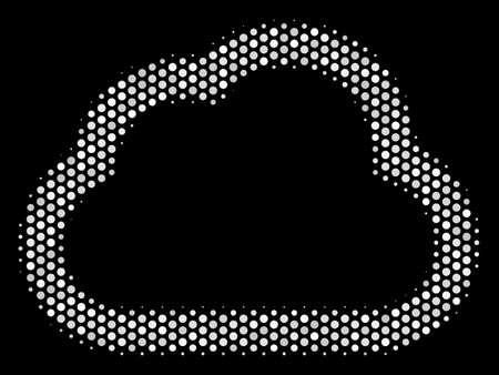 Pixelated white cloud icon on a black background. Vector halftone composition of cloud icon constructed of circle dots.のイラスト素材