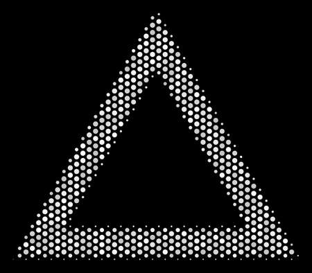 Pixelated white contour triangle icon on a black background. Vector halftone collage of contour triangle icon done from round pixels.のイラスト素材