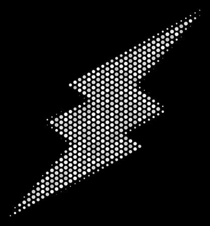Pixel white electric spark icon on a black background. Vector halftone illustration of electric spark symbol done with sphere items.のイラスト素材