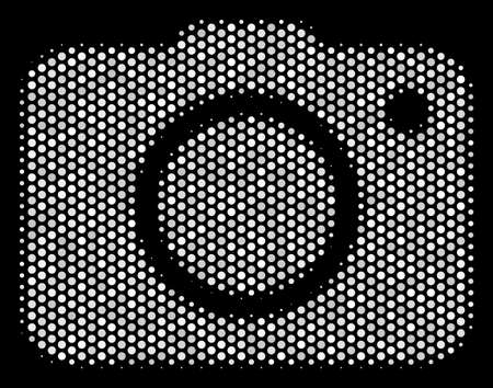 Dotted white photo camera icon on a black background. Vector halftone mosaic of photo camera pictogram constructed of spheric items.のイラスト素材