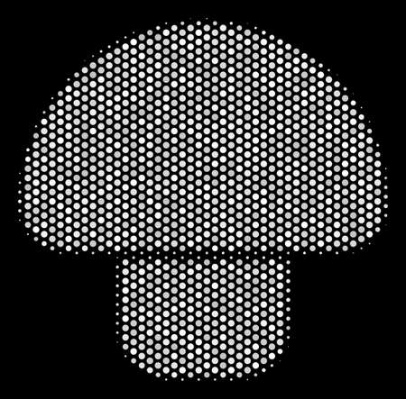 Pixelated white mushroom icon on a black background. Vector halftone pattern of mushroom symbol formed from round dots.のイラスト素材