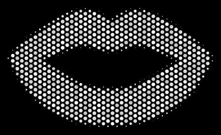 Pixel white sexy lips icon on a black background. A Vector halftone illustration of sexy lips icon done of round points.のイラスト素材