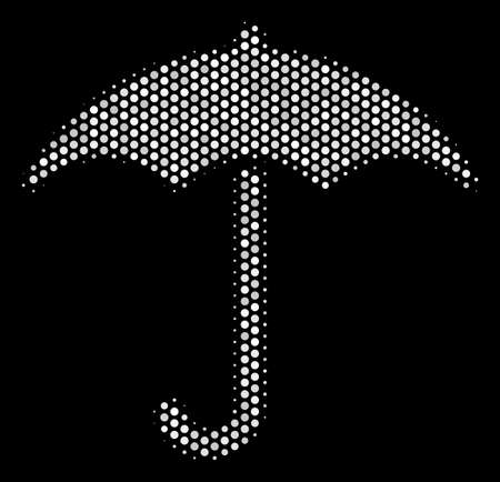 Dot white umbrella icon on a black background. A Vector halftone illustration of umbrella icon constructed with round pixels.のイラスト素材