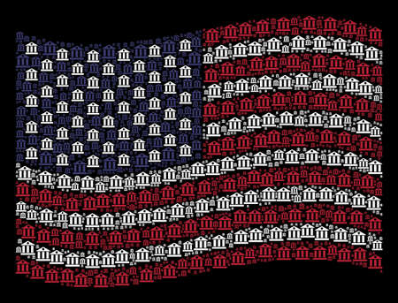 Bank building icons are grouped into waving American flag abstraction on a dark background. Vector composition of American state flag is made with bank building items.のイラスト素材