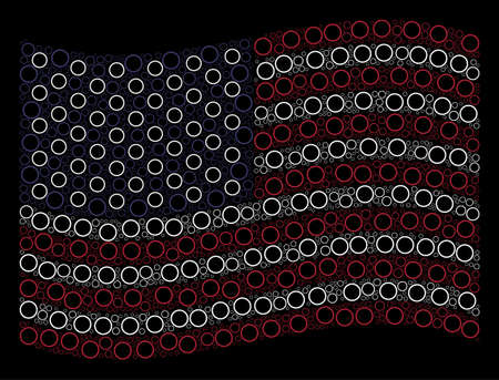 Circle bubble symbols are composed into waving United States flag stylization on a dark background. Vector collage of American state flag is combined with circle bubble elements.のイラスト素材
