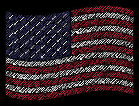 Sword symbols are combined into waving USA flag stylization on a dark background. Vector collage of America state flag is composed from sword elements. Designed for political and patriotic collages.のイラスト素材