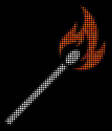 Match fire halftone vector icon. Illustration style is dotted iconic match fire icon symbol on a black background. Halftone matrix is sphere dots.のイラスト素材