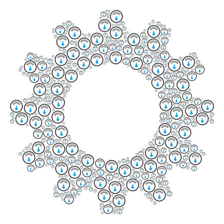 Vector gauge icons are grouped into gearwheel collage. Mechanical design concept constructed of gauge objects.のイラスト素材