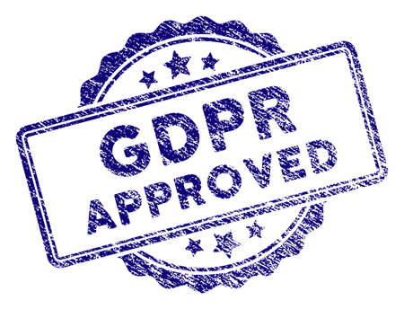 GDPR Approved stamp seal. Vector element with grainy design and dust texture in blue color. Designed for overlay watermarks and grunge textured rubber seal imitations.のイラスト素材