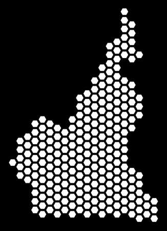 Honeycomb African Cameroon map. Vector territorial plan on a black background. Abstract African Cameroon map collage is created of hexagon items.のイラスト素材